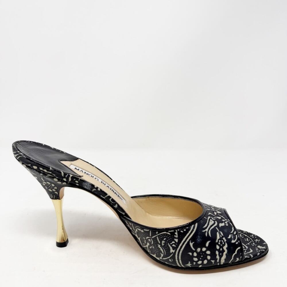 Manolo Blahnik Black Floral Print Mules Womens Size EU 37 - Picture 7 of 10